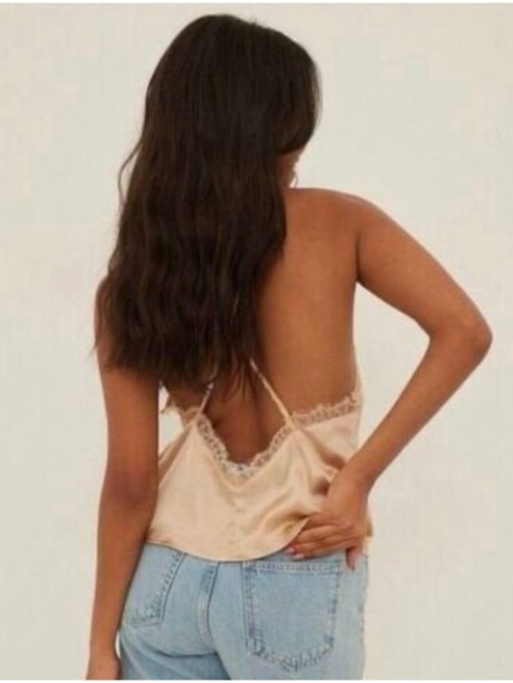 NA-KD Satin Lace Trim Open Back Criss Cross Cami Tank Top Champagne Beige Size M
